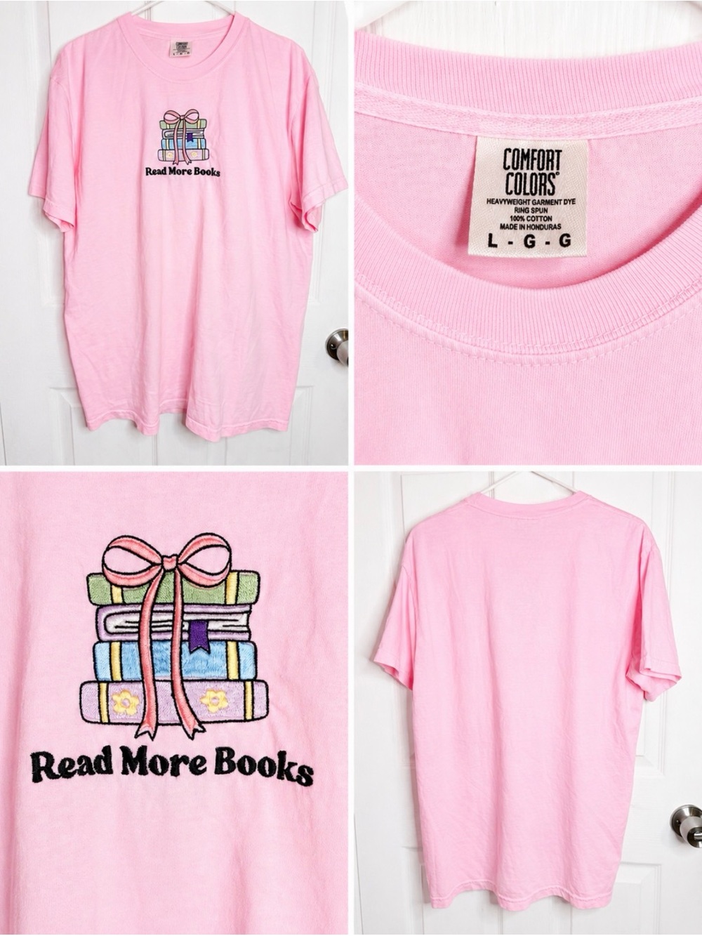 Comfort Colors Pink women’s Tee with Embroidered Book Stack